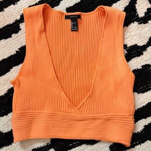 F21 Orange Ribbed Crop V- Neck Tank